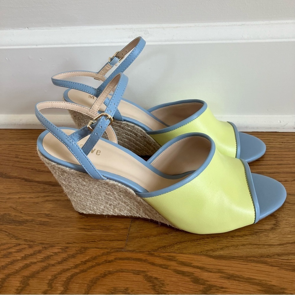 NWOB Anthropology Maeve Yellow & Blue Leather & Raffia Wedge Heel (8) - Picture 3 of 9